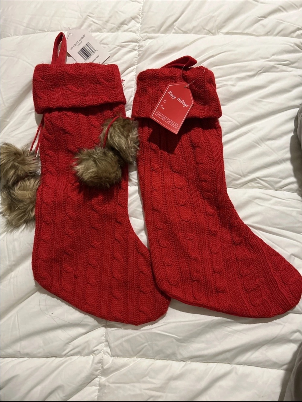 2 Holiday Cable-Knit Christmas Stockings with Faux Fur Pom-Poms - Yankee Candle